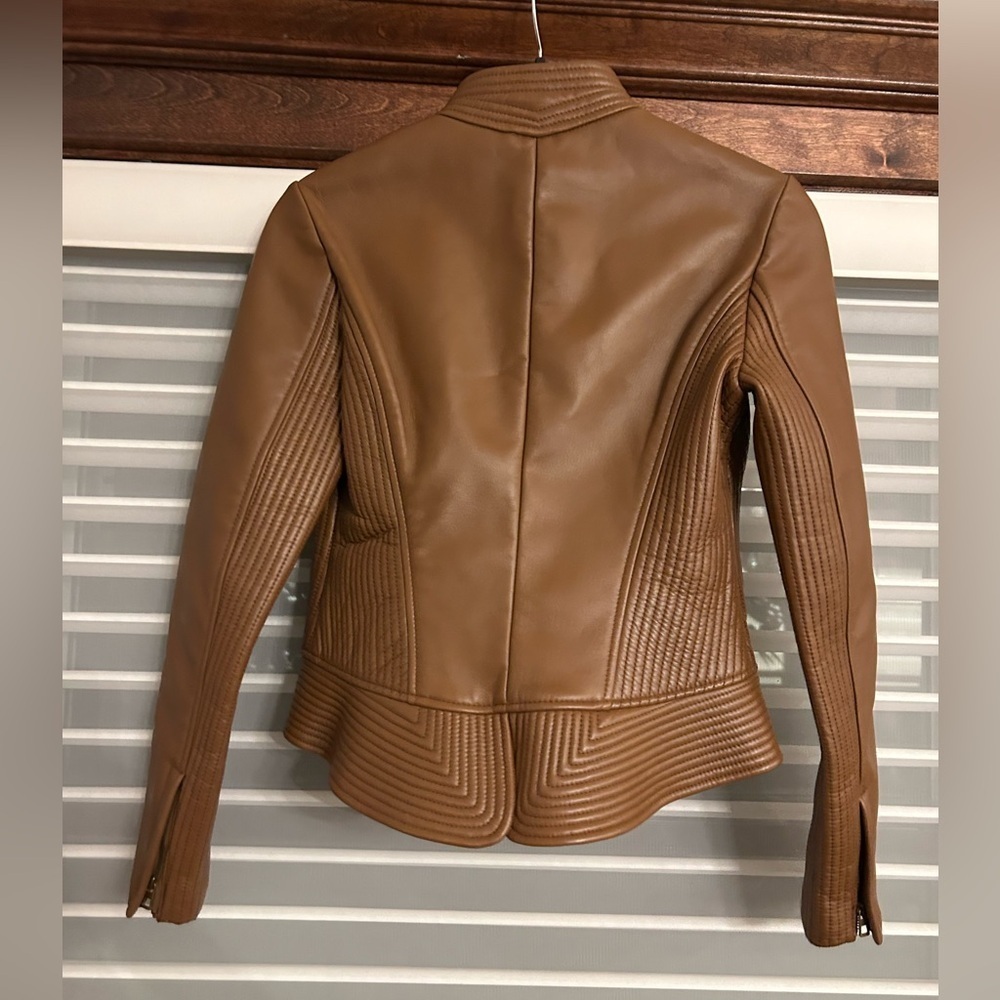 Tory Burch Calista leather riding jacket in Saddle - Picture 5 of 9